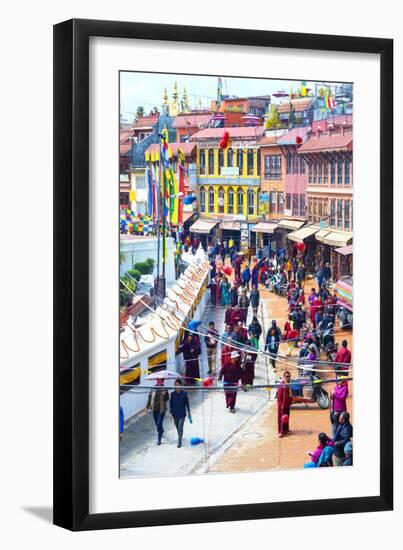 Buddhist pilgrims making the kora, Boudhanath Stupa, largest Asian Stupa, UNESCO World Heritage Sit-G&M Therin-Weise-Framed Premium Photographic Print