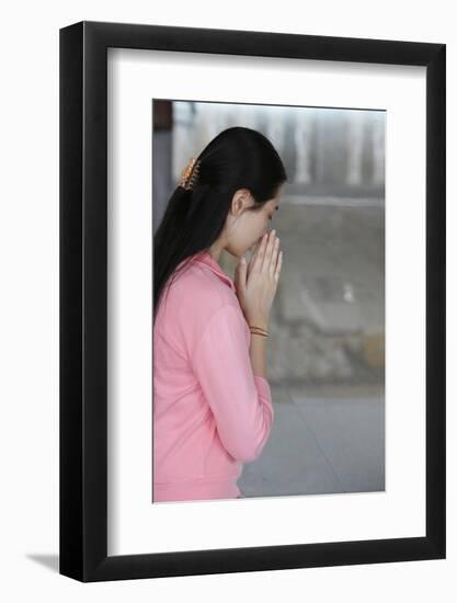 Buddhist prayer, Dharmikarama temple, Penang, Malaysia-Godong-Framed Photographic Print