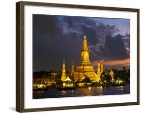 Buddhist Temple Lit Up at Dawn, Wat Arun, Chao Phraya River, Bangkok, Thailand-null-Framed Photographic Print