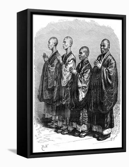 Buddhists in Prayer, Japan, 19th Century-A de Neuville-Framed Stretched Canvas