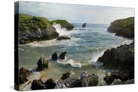 Buelna Beach and Karst Limestone El Picon Rock Pillar at High Tide, Near Llanes, Asturias, Spain-Nick Upton-Stretched Canvas