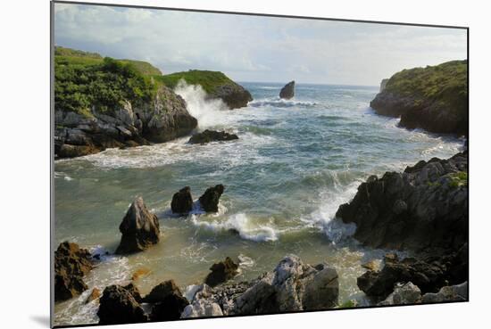 Buelna Beach and Karst Limestone El Picon Rock Pillar at High Tide, Near Llanes, Asturias, Spain-Nick Upton-Mounted Photographic Print