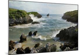 Buelna Beach and Karst Limestone El Picon Rock Pillar at High Tide, Near Llanes, Asturias, Spain-Nick Upton-Mounted Photographic Print