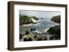 Buelna Beach and Karst Limestone El Picon Rock Pillar at High Tide, Near Llanes, Asturias, Spain-Nick Upton-Framed Photographic Print