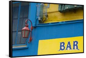 Buenos Aires, Argentina. La Boca Colorful Street with Murals Out Window of Bar of Building-Bill Bachmann-Framed Stretched Canvas