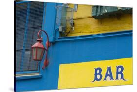 Buenos Aires, Argentina. La Boca Colorful Street with Murals Out Window of Bar of Building-Bill Bachmann-Stretched Canvas