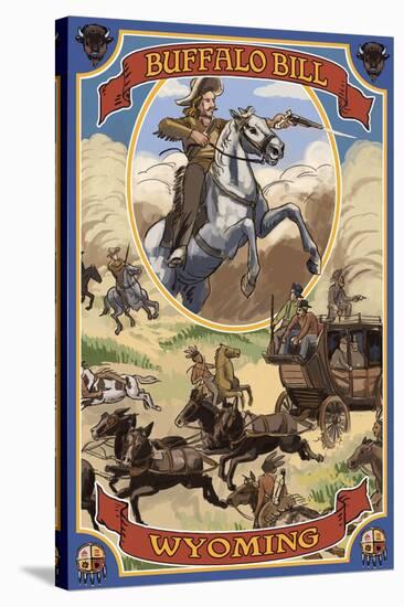 Buffalo Bill and Wagon Scene - Wyoming-Lantern Press-Stretched Canvas