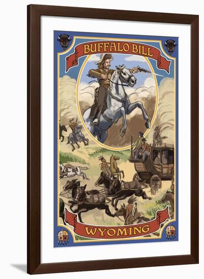 Buffalo Bill and Wagon Scene - Wyoming-Lantern Press-Framed Art Print