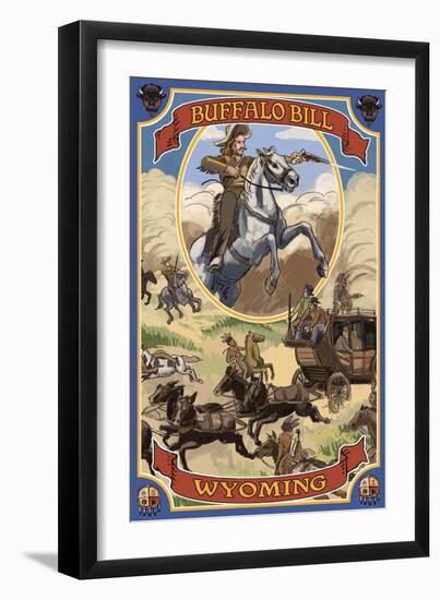 Buffalo Bill and Wagon Scene - Wyoming-Lantern Press-Framed Art Print