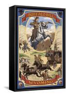 Buffalo Bill and Wagon Scene - Wyoming-Lantern Press-Framed Stretched Canvas