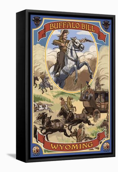 Buffalo Bill and Wagon Scene - Wyoming-Lantern Press-Framed Stretched Canvas