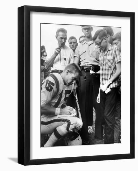 Buffalo Bills Player Jack Kemp Signs His Autograph for a Boy on August 4, 1964-null-Framed Photo