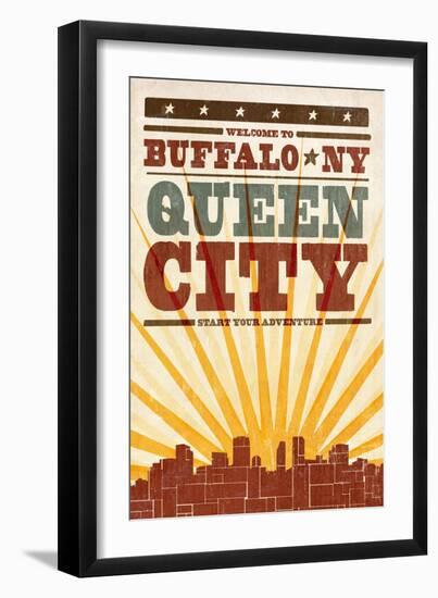 Buffalo, New York - Skyline and Sunburst Screenprint Style-Lantern Press-Framed Art Print