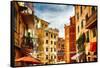 Building Facades of Riomaggiore, Liguria, Italy-George Oze-Framed Stretched Canvas