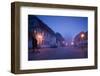 Buildings along Maximilianstrasse at dawn fog, Speyer, Rhineland-Palatinate, Germany-null-Framed Photographic Print