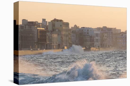 Buildings Along the Malecon in Soft Evening Sunlight with Large Waves Crashing Against the Sea Wall-Lee Frost-Stretched Canvas