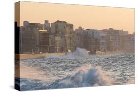 Buildings Along the Malecon in Soft Evening Sunlight with Large Waves Crashing Against the Sea Wall-Lee Frost-Stretched Canvas