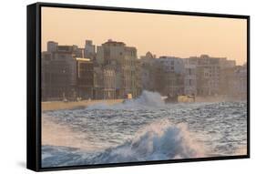 Buildings Along the Malecon in Soft Evening Sunlight with Large Waves Crashing Against the Sea Wall-Lee Frost-Framed Stretched Canvas