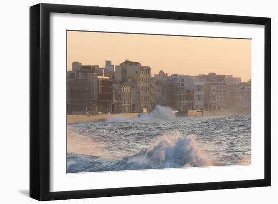 Buildings Along the Malecon in Soft Evening Sunlight with Large Waves Crashing Against the Sea Wall-Lee Frost-Framed Photographic Print