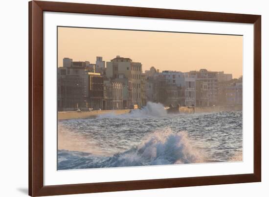 Buildings Along the Malecon in Soft Evening Sunlight with Large Waves Crashing Against the Sea Wall-Lee Frost-Framed Photographic Print