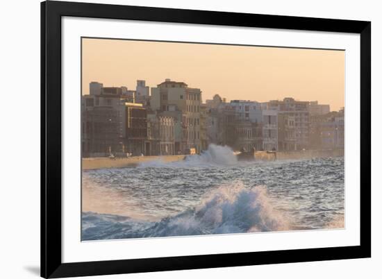 Buildings Along the Malecon in Soft Evening Sunlight with Large Waves Crashing Against the Sea Wall-Lee Frost-Framed Photographic Print