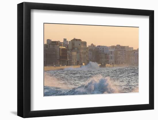 Buildings Along the Malecon in Soft Evening Sunlight with Large Waves Crashing Against the Sea Wall-Lee Frost-Framed Premium Photographic Print