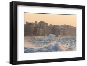 Buildings Along the Malecon in Soft Evening Sunlight with Large Waves Crashing Against the Sea Wall-Lee Frost-Framed Premium Photographic Print