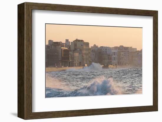 Buildings Along the Malecon in Soft Evening Sunlight with Large Waves Crashing Against the Sea Wall-Lee Frost-Framed Photographic Print