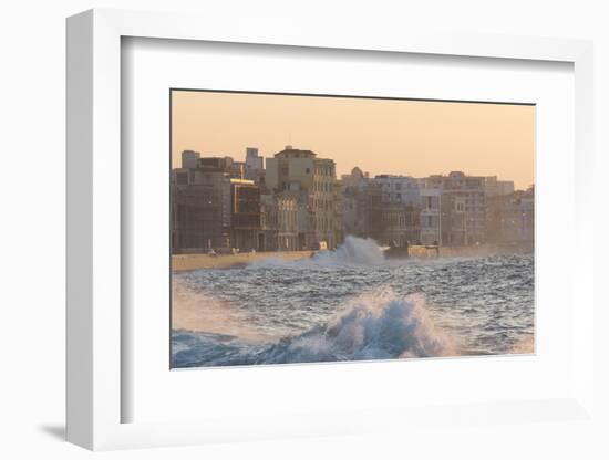 Buildings Along the Malecon in Soft Evening Sunlight with Large Waves Crashing Against the Sea Wall-Lee Frost-Framed Photographic Print