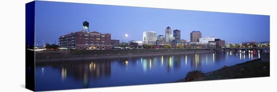 Buildings at the Waterfront Lit Up at Dawn, Des Moines River, Des Moines, Iowa, USA-null-Stretched Canvas