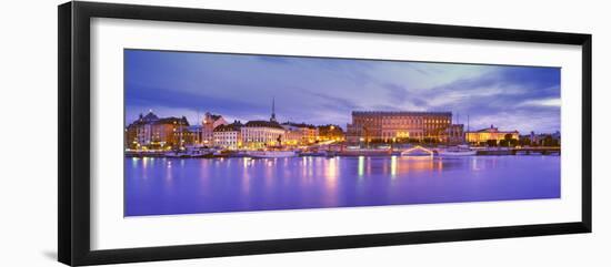 Buildings at the Waterfront Lit Up at Dusk, Stockholm, Sweden-null-Framed Photographic Print