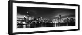 Buildings at the Waterfront Lit Up at Night, Sears Tower, Lake Michigan, Chicago, Cook County-null-Framed Premium Photographic Print