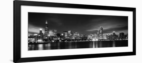 Buildings at the Waterfront Lit Up at Night, Sears Tower, Lake Michigan, Chicago, Cook County-null-Framed Photographic Print