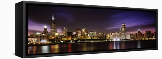 Buildings at the Waterfront Lit Up at Night, Sears Tower, Lake Michigan, Chicago, Illinois, USA-null-Framed Stretched Canvas