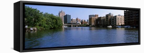 Buildings at the Waterfront, Milwaukee River, Milwaukee, Wisconsin, USA-null-Framed Stretched Canvas