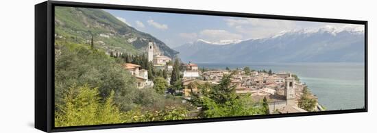 Buildings at the Waterfront with Snowcapped Mountain in the Background, Gargnano, Monte Baldo-null-Framed Stretched Canvas