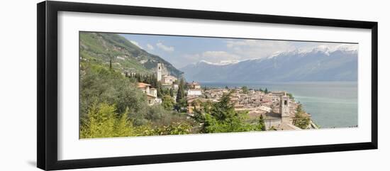 Buildings at the Waterfront with Snowcapped Mountain in the Background, Gargnano, Monte Baldo-null-Framed Photographic Print