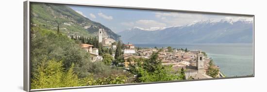 Buildings at the Waterfront with Snowcapped Mountain in the Background, Gargnano, Monte Baldo-null-Framed Photographic Print