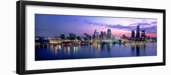 Buildings at waterfront during dawn, Detroit, Wayne County, Michigan, USA-null-Framed Photographic Print