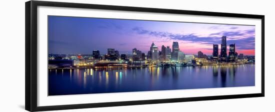 Buildings at waterfront during dawn, Detroit, Wayne County, Michigan, USA-null-Framed Premium Photographic Print