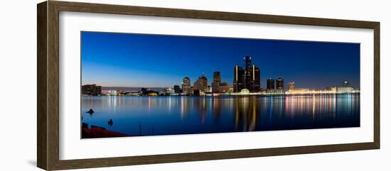 Buildings in a City Lit Up at Dusk, Detroit River, Detroit, Michigan, USA-null-Framed Photographic Print