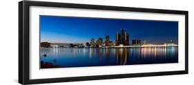 Buildings in a City Lit Up at Dusk, Detroit River, Detroit, Michigan, USA-null-Framed Photographic Print