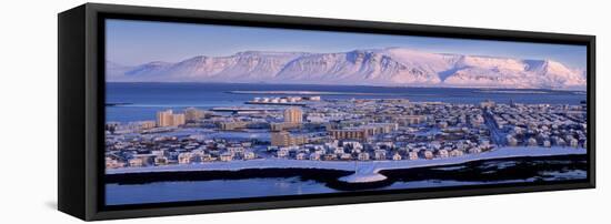 Buildings in a City with a Mountain in the Background, Mt Esja, Reykjavik, Iceland-null-Framed Stretched Canvas