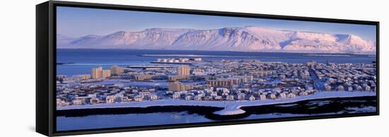 Buildings in a City with a Mountain in the Background, Mt Esja, Reykjavik, Iceland-null-Framed Stretched Canvas