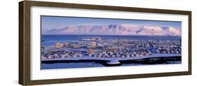 Buildings in a City with a Mountain in the Background, Mt Esja, Reykjavik, Iceland-null-Framed Photographic Print