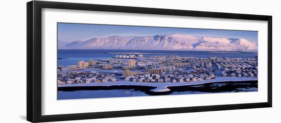 Buildings in a City with a Mountain in the Background, Mt Esja, Reykjavik, Iceland-null-Framed Photographic Print