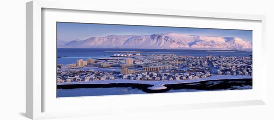 Buildings in a City with a Mountain in the Background, Mt Esja, Reykjavik, Iceland-null-Framed Photographic Print