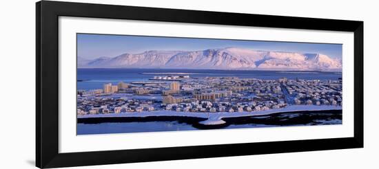 Buildings in a City with a Mountain in the Background, Mt Esja, Reykjavik, Iceland-null-Framed Photographic Print