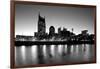 Buildings lit up at dusk at the waterfront, Cumberland River, Bell South Tower, Nashville, Tenne...-null-Framed Photographic Print