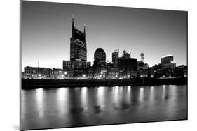 Buildings lit up at dusk at the waterfront, Cumberland River, Bell South Tower, Nashville, Tenne...-null-Mounted Photographic Print